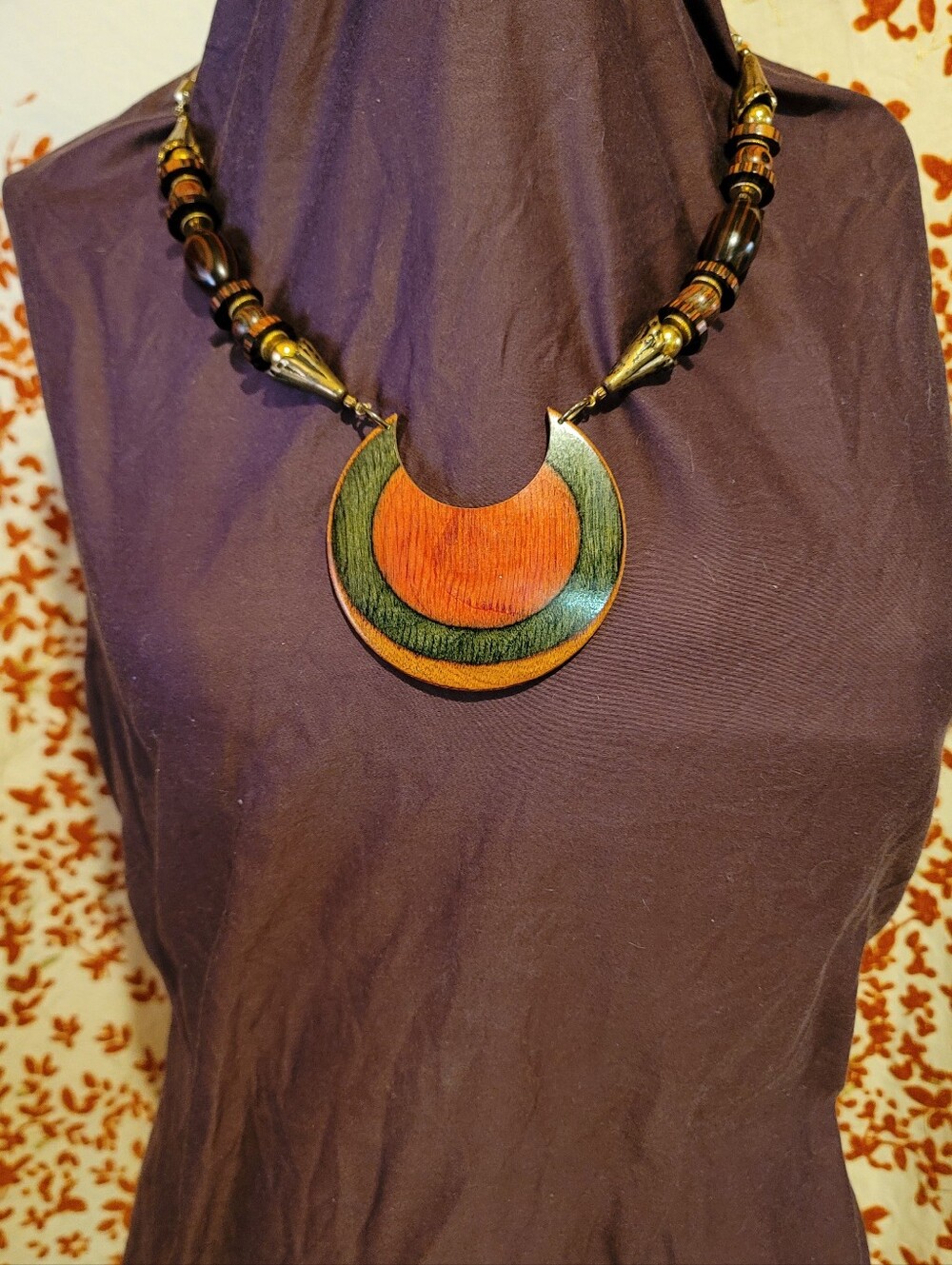 Handcrafted Wooden Crescent Pendant Necklace in Reddish Brown and Green